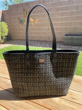 Badgley Mischka Woven Metallic Tweed Style Tote Bag Black Gold